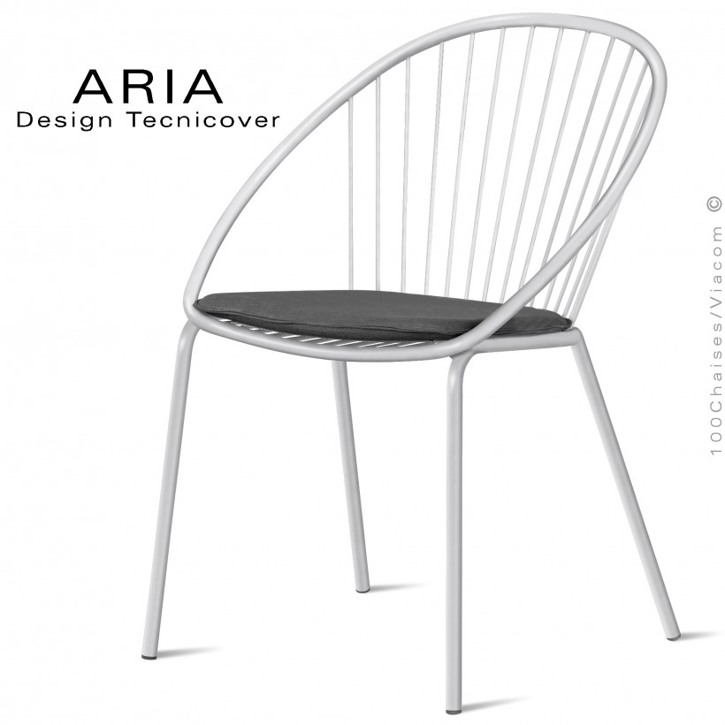 Chaise d'extérieur design ARIA, structure acier galvanisé peinture blanche, assise avec coussin habillage tissu anthracite.