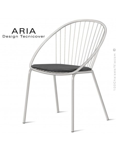 Chaise d'extérieur design ARIA, structure acier galvanisé peinture blanc perle, assise avec coussin habillage tissu anthracite.