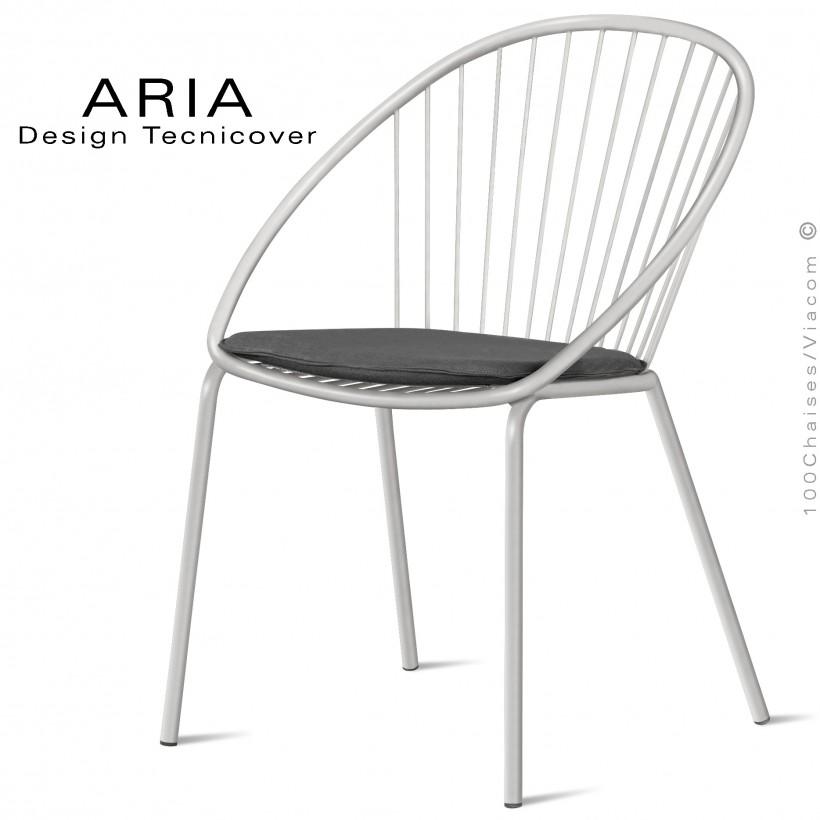 Chaise d'extérieur design ARIA, structure acier galvanisé peinture blanc perle, assise avec coussin habillage tissu anthracite.