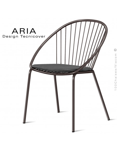 Chaise d'extérieur design ARIA, structure acier galvanisé peinture bronze, assise avec coussin habillage tissu anthracite.