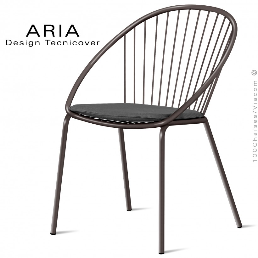 Chaise d'extérieur design ARIA, structure acier galvanisé peinture bronze, assise avec coussin habillage tissu anthracite.