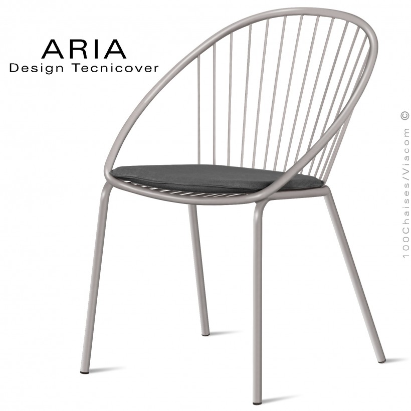 Chaise d'extérieur ARIA, structure acier galvanisé peint gris Tourterelle, assise avec coussin habillage tissu anthracite.