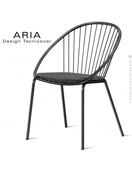 Chaise d'extérieur design ARIA, structure acier galvanisé peinture noir, assise avec coussin habillage tissu anthracite.