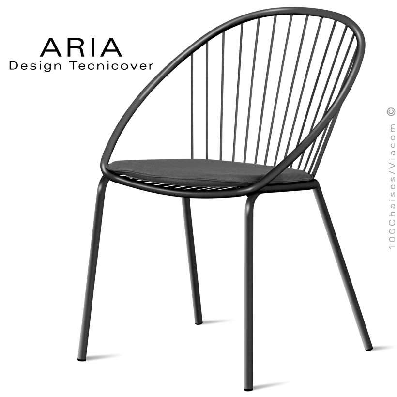 Chaise d'extérieur design ARIA, structure acier galvanisé peinture noir, assise avec coussin habillage tissu anthracite.