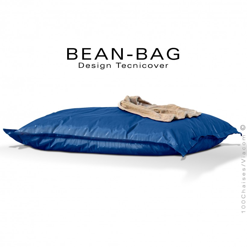 Pouf ou coussin géant XXL flottant pour piscine BEAN-BAG, billes de polystyrène, housse tissu hydrofuge bleu.