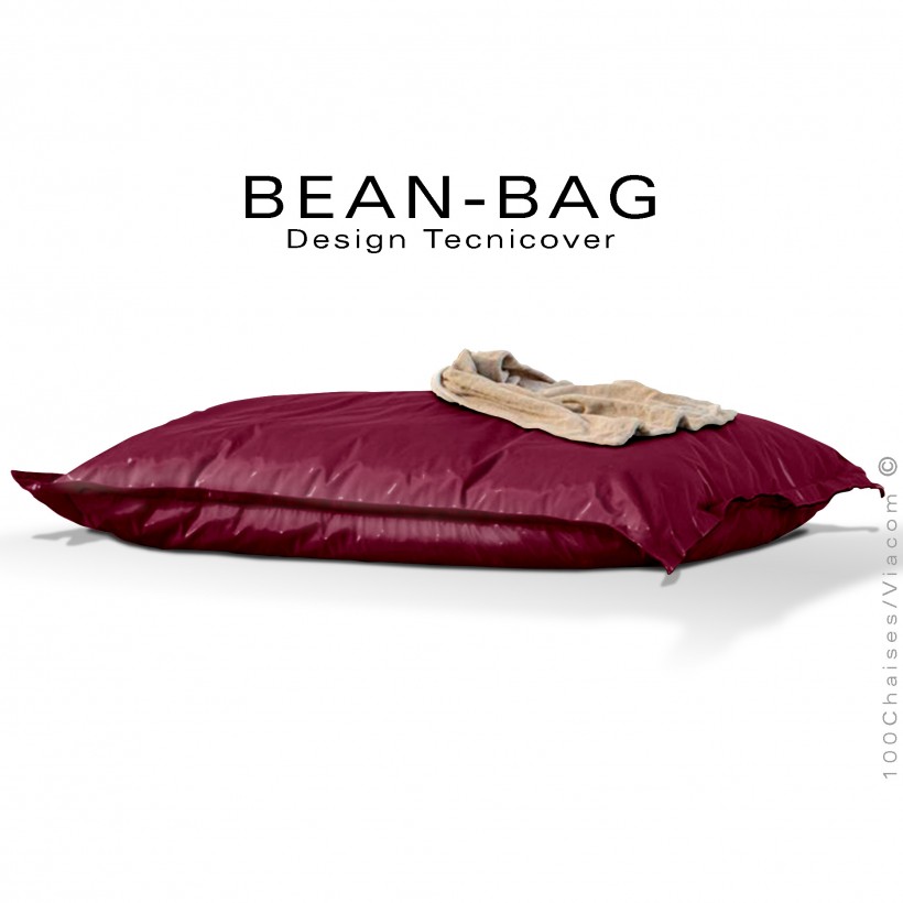 Pouf ou coussin géant XXL flottant pour piscine BEAN-BAG, billes de polystyrène, housse tissu hydrofuge bordeaux.