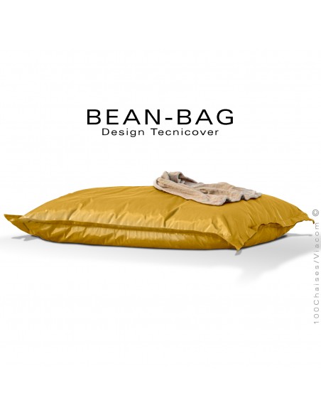 Pouf ou coussin géant XXL flottant pour piscine BEAN-BAG, filet et petites billes de polystyrène, housse tissu hydrofuge jaune.