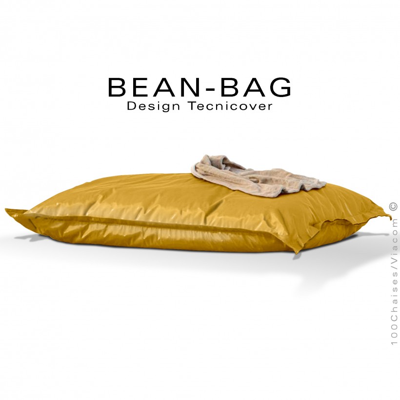 Pouf ou coussin géant XXL flottant pour piscine BEAN-BAG, filet et petites billes de polystyrène, housse tissu hydrofuge jaune.