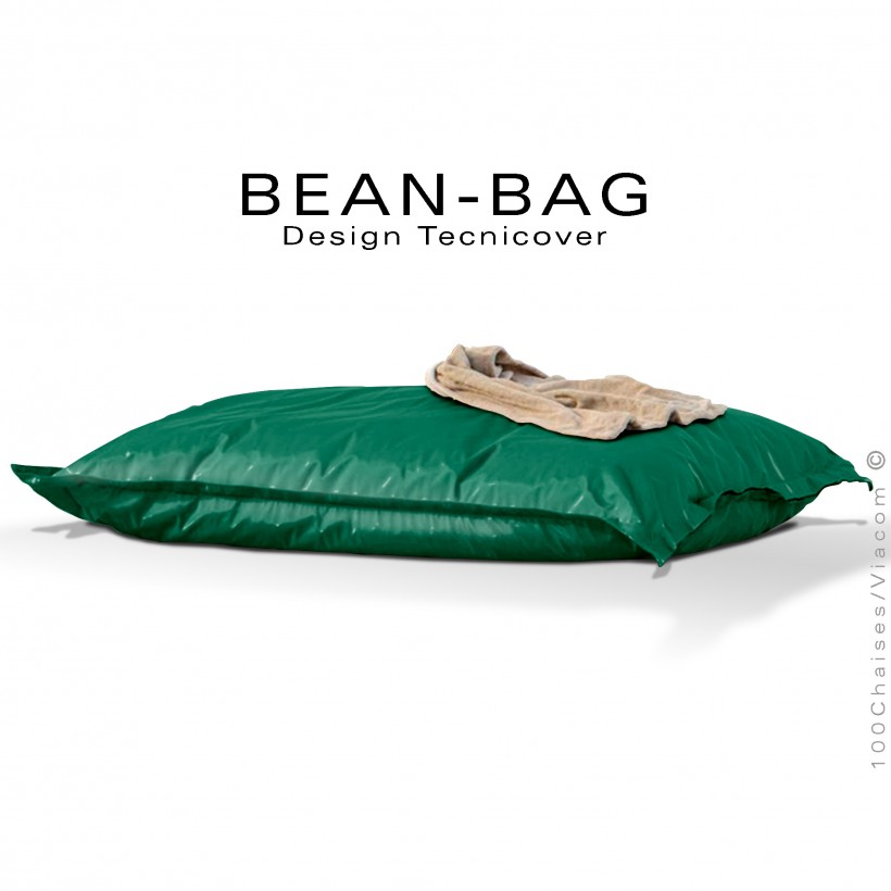 Pouf ou coussin géant XXL flottant pour piscine BEAN-BAG, billes de polystyrène, housse tissu hydrofuge couleur vert.