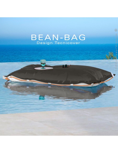 Pouf ou coussin géant XXL flottant pour piscine BEAN-BAG, billes de polystyrène, housse couleur anthracite avec corde.