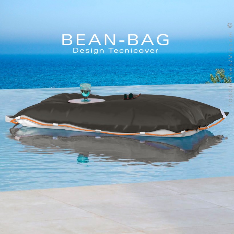 Pouf ou coussin géant XXL flottant pour piscine BEAN-BAG, billes de polystyrène, housse couleur anthracite avec corde.