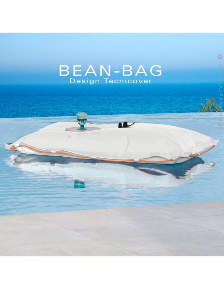 Pouf ou coussin géant XXL flottant pour piscine BEAN-BAG, billes de polystyrène, housse couleur blanc avec corde.