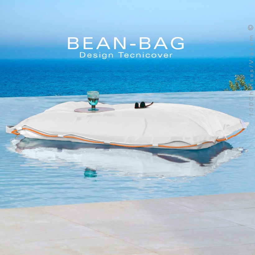 Pouf ou coussin géant XXL flottant pour piscine BEAN-BAG, billes de polystyrène, housse couleur blanc avec corde.