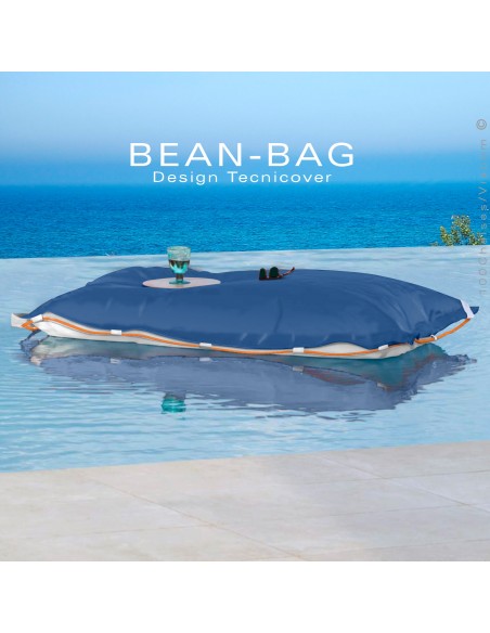 Pouf ou coussin géant XXL flottant pour piscine BEAN-BAG, billes de polystyrène, housse couleur bleu avec corde.