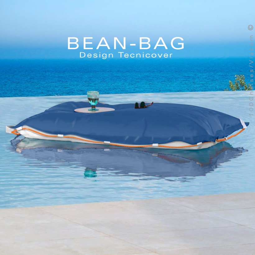 Pouf ou coussin géant XXL flottant pour piscine BEAN-BAG, billes de polystyrène, housse couleur bleu avec corde.