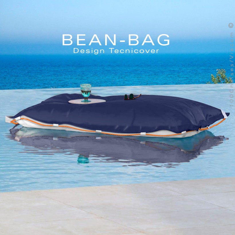 Pouf ou coussin géant XXL flottant pour piscine BEAN-BAG, billes de polystyrène, housse couleur bleu marine avec corde.