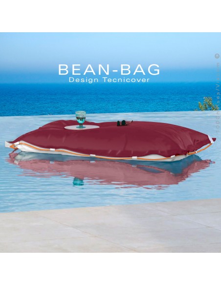 Pouf ou coussin géant XXL flottant pour piscine BEAN-BAG, billes de polystyrène, housse couleur bordeaux avec corde.