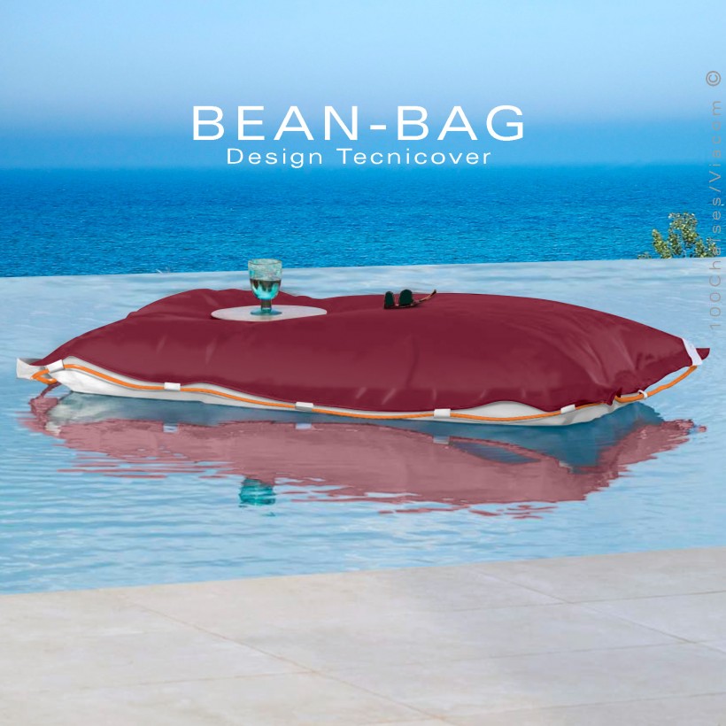 Pouf ou coussin géant XXL flottant pour piscine BEAN-BAG, billes de polystyrène, housse couleur bordeaux avec corde.