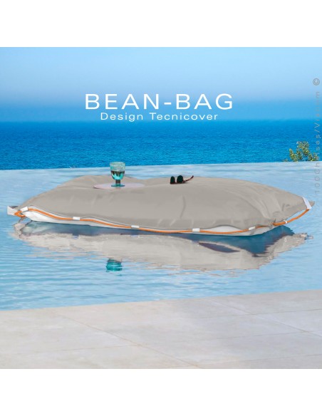 Pouf ou coussin géant XXL flottant pour piscine BEAN-BAG, billes de polystyrène, housse couleur écru avec corde.