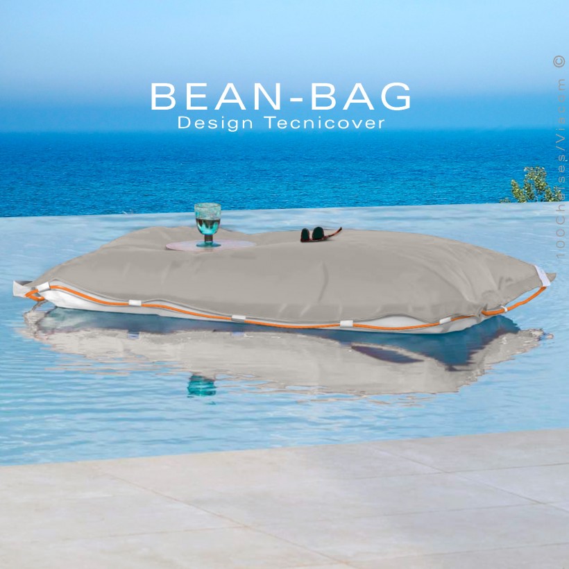 Pouf ou coussin géant XXL flottant pour piscine BEAN-BAG, billes de polystyrène, housse couleur écru avec corde.