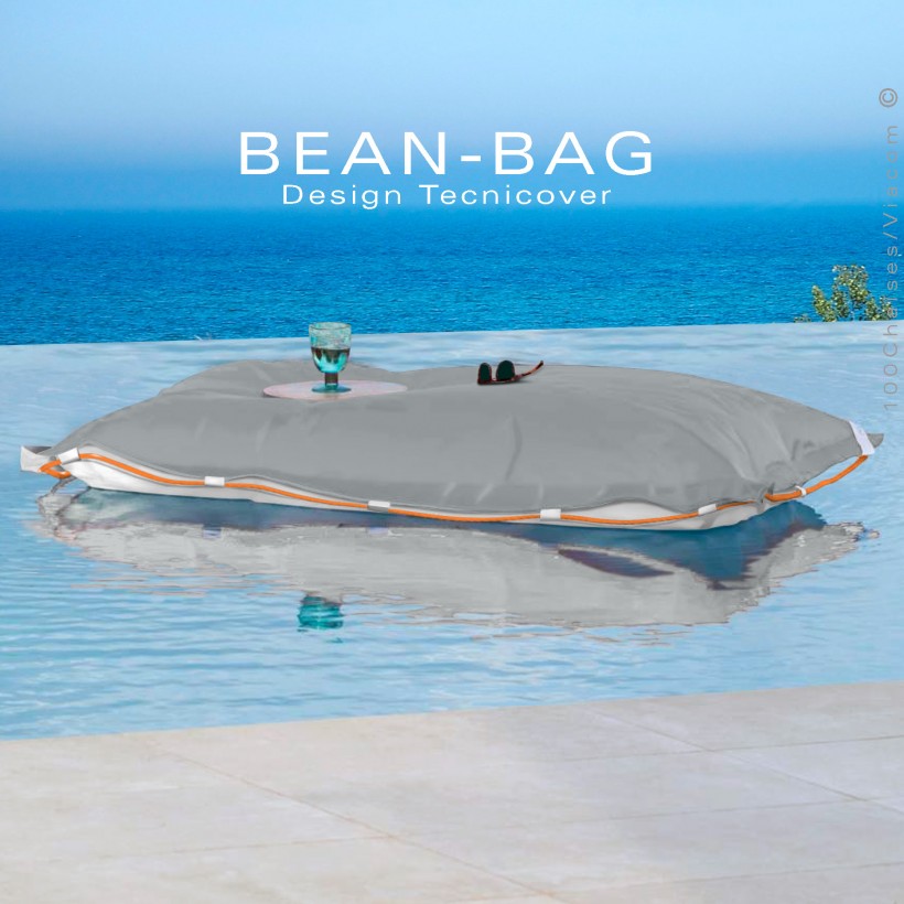 Pouf ou coussin géant XXL flottant pour piscine BEAN-BAG, billes de polystyrène, housse couleur gris souris avec corde.