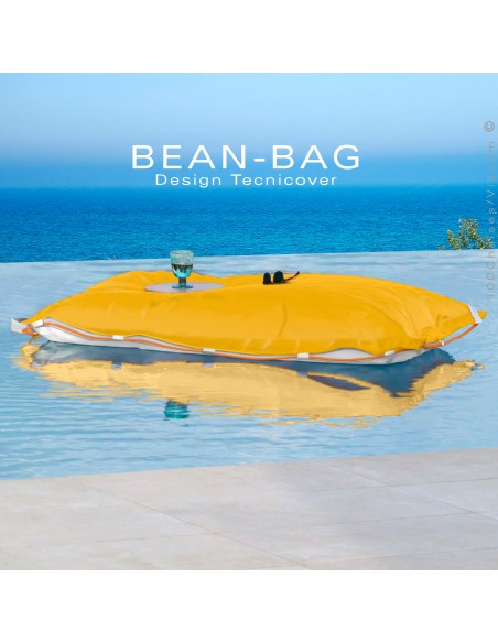 Pouf ou coussin géant XXL flottant pour piscine BEAN-BAG, billes de polystyrène, housse couleur jaune avec corde.