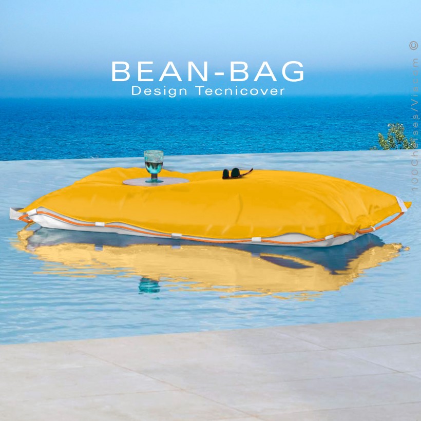 Pouf ou coussin géant XXL flottant pour piscine BEAN-BAG, billes de polystyrène, housse couleur jaune avec corde.