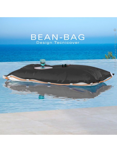 Pouf ou coussin géant XXL flottant pour piscine BEAN-BAG, billes de polystyrène, housse couleur noir avec corde.