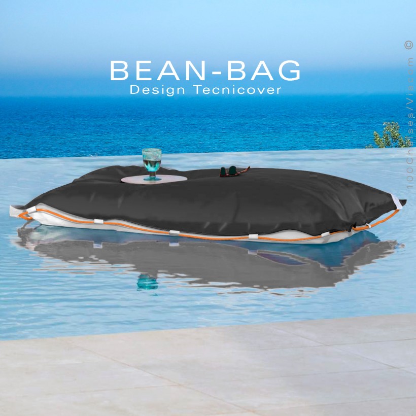 Pouf ou coussin géant XXL flottant pour piscine BEAN-BAG, billes de polystyrène, housse couleur noir avec corde.