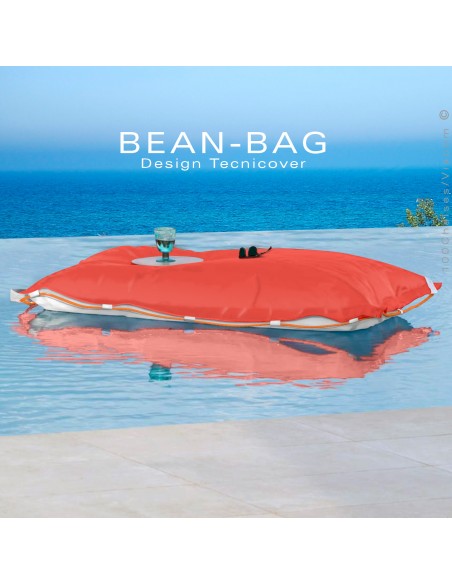 Pouf ou coussin géant XXL flottant pour piscine BEAN-BAG, billes de polystyrène, housse couleur orange avec corde.