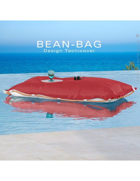 Pouf ou coussin géant XXL flottant pour piscine BEAN-BAG, billes de polystyrène, housse couleur rouge avec corde.