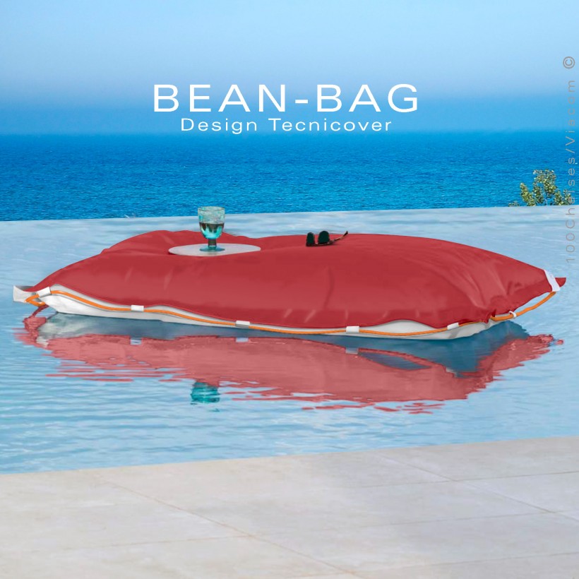 Pouf ou coussin géant XXL flottant pour piscine BEAN-BAG, billes de polystyrène, housse couleur rouge avec corde.