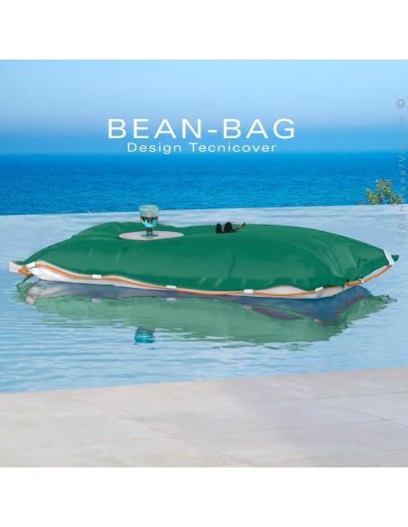 Pouf ou coussin géant XXL flottant pour piscine BEAN-BAG, billes de polystyrène, housse couleur vert avec corde.