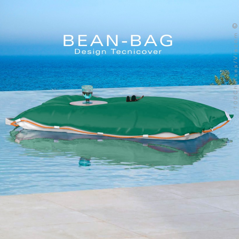 Pouf ou coussin géant XXL flottant pour piscine BEAN-BAG, billes de polystyrène, housse couleur vert avec corde.