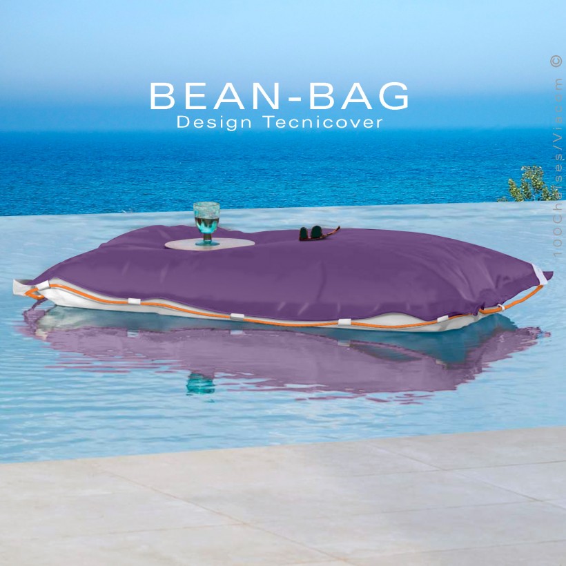 Pouf ou coussin géant XXL flottant pour piscine BEAN-BAG, billes de polystyrène, housse couleur violet avec corde.