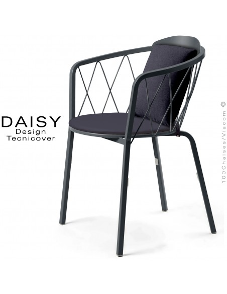 Fauteuil repas d'extérieur design DAISY, structure acier peint, anthracite, avec dossier confort et 2 coussins anthracite.