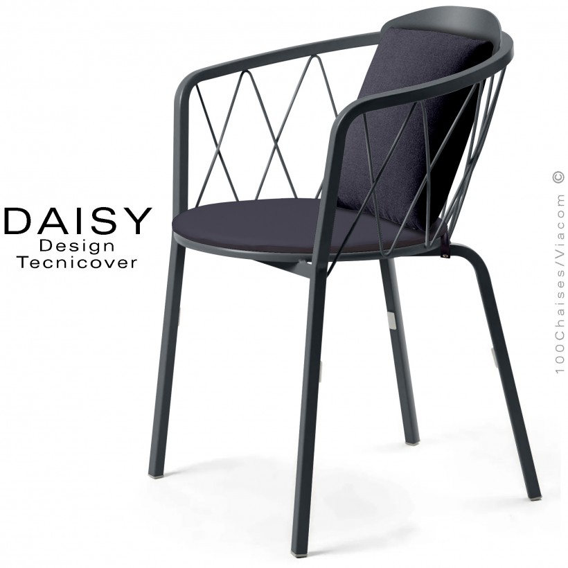 Fauteuil repas d'extérieur design DAISY, structure acier peint, anthracite, avec dossier confort et 2 coussins anthracite.