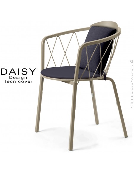 Fauteuil repas d'extérieur design DAISY, structure acier peint, beige, avec dossier confort et 2 coussins anthracite.