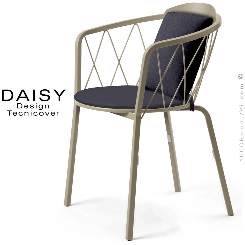 Fauteuil repas d'extérieur design DAISY, structure acier peint, beige, avec dossier confort et 2 coussins anthracite.