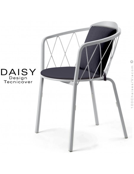 Fauteuil repas d'extérieur design DAISY, structure acier peint, blanc, avec dossier confort et 2 coussins anthracite.