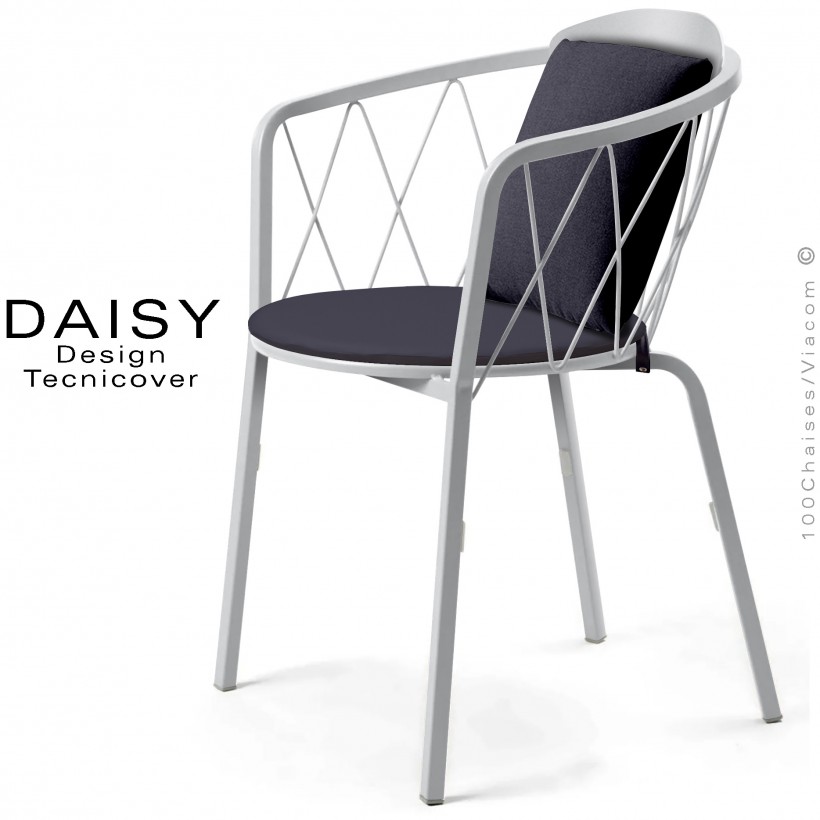 Fauteuil repas d'extérieur design DAISY, structure acier peint, blanc, avec dossier confort et 2 coussins anthracite.