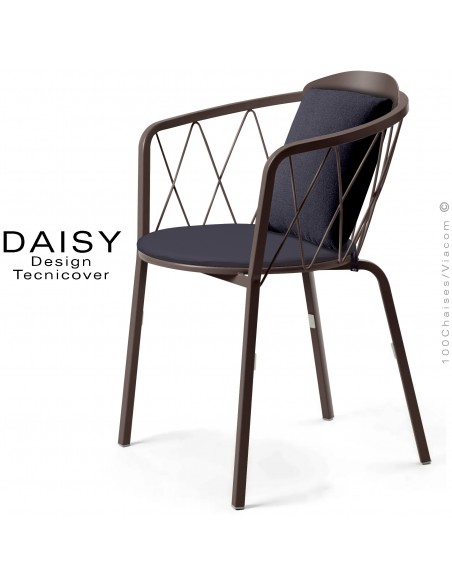 Fauteuil repas d'extérieur design DAISY, structure acier peint, bronze, avec dossier confort et 2 coussins anthracite.