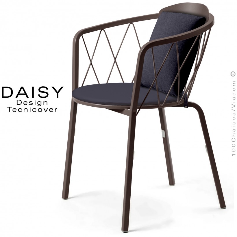 Fauteuil repas d'extérieur design DAISY, structure acier peint, bronze, avec dossier confort et 2 coussins anthracite.