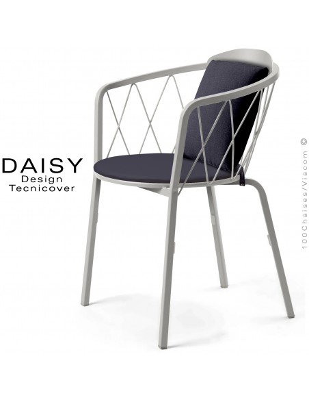 Fauteuil repas d'extérieur design DAISY, structure acier peint, blanc perle, avec dossier confort et 2 coussins anthracite.