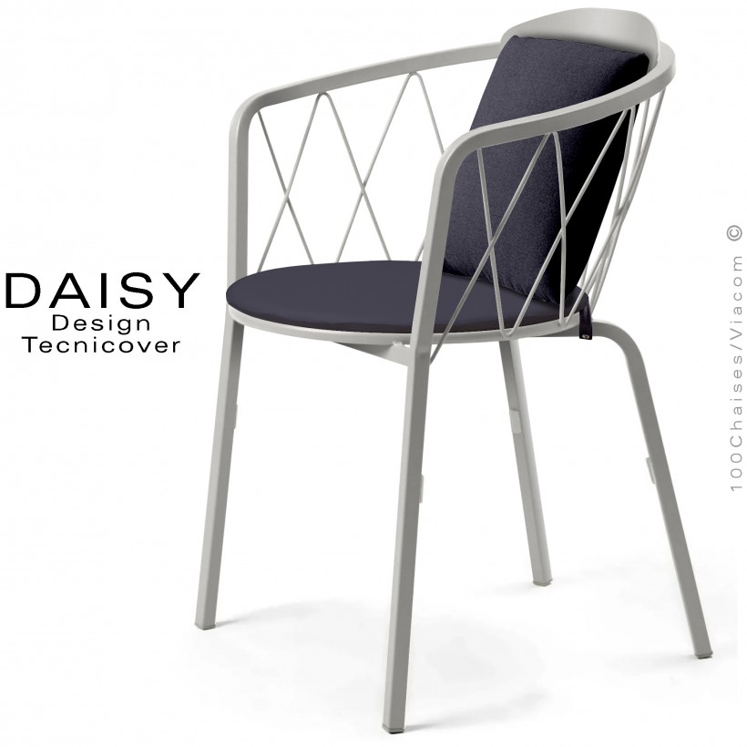 Fauteuil repas d'extérieur design DAISY, structure acier peint, blanc perle, avec dossier confort et 2 coussins anthracite.