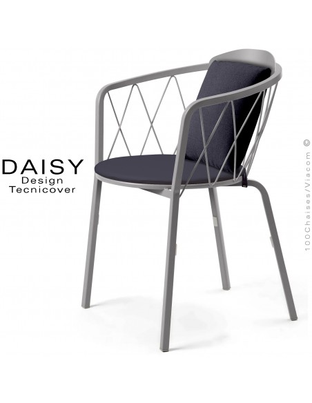 Fauteuil repas d'extérieur design DAISY, structure acier peint, gris Tourterelle, avec dossier confort et 2 coussins anthracite.