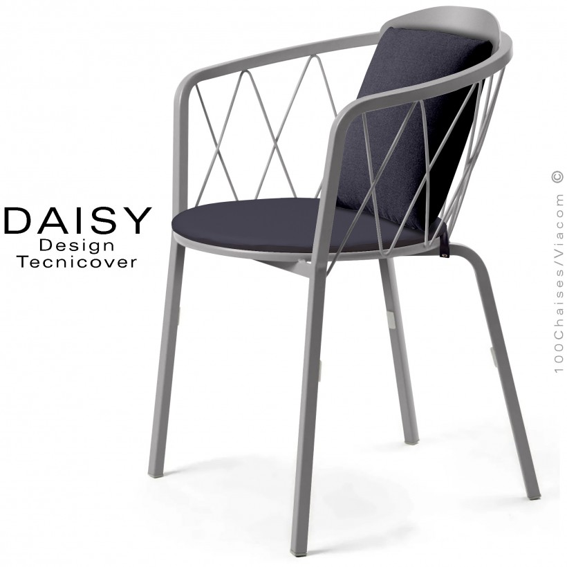 Fauteuil repas d'extérieur design DAISY, structure acier peint, gris Tourterelle, avec dossier confort et 2 coussins anthracite.