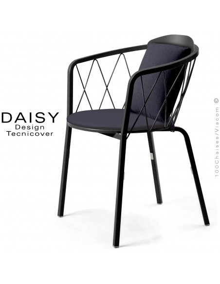 Fauteuil repas d'extérieur design DAISY, structure acier peint, noir, avec dossier confort plus 2 coussins anthracite.