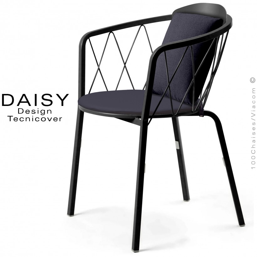 Fauteuil repas d'extérieur design DAISY, structure acier peint, noir, avec dossier confort plus 2 coussins anthracite.