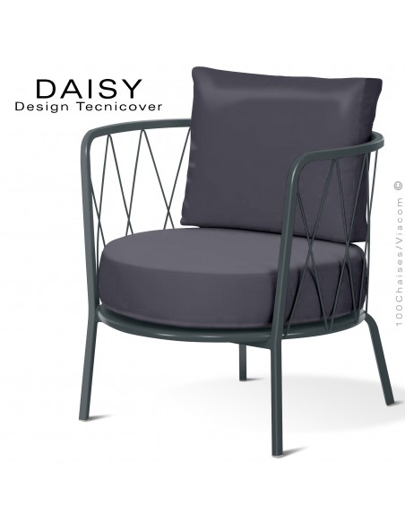 Salon de jardin ou fauteuil lounge DAISY, structure acier peint anthracite, assise deux coussins, tissu couleur anthracite.